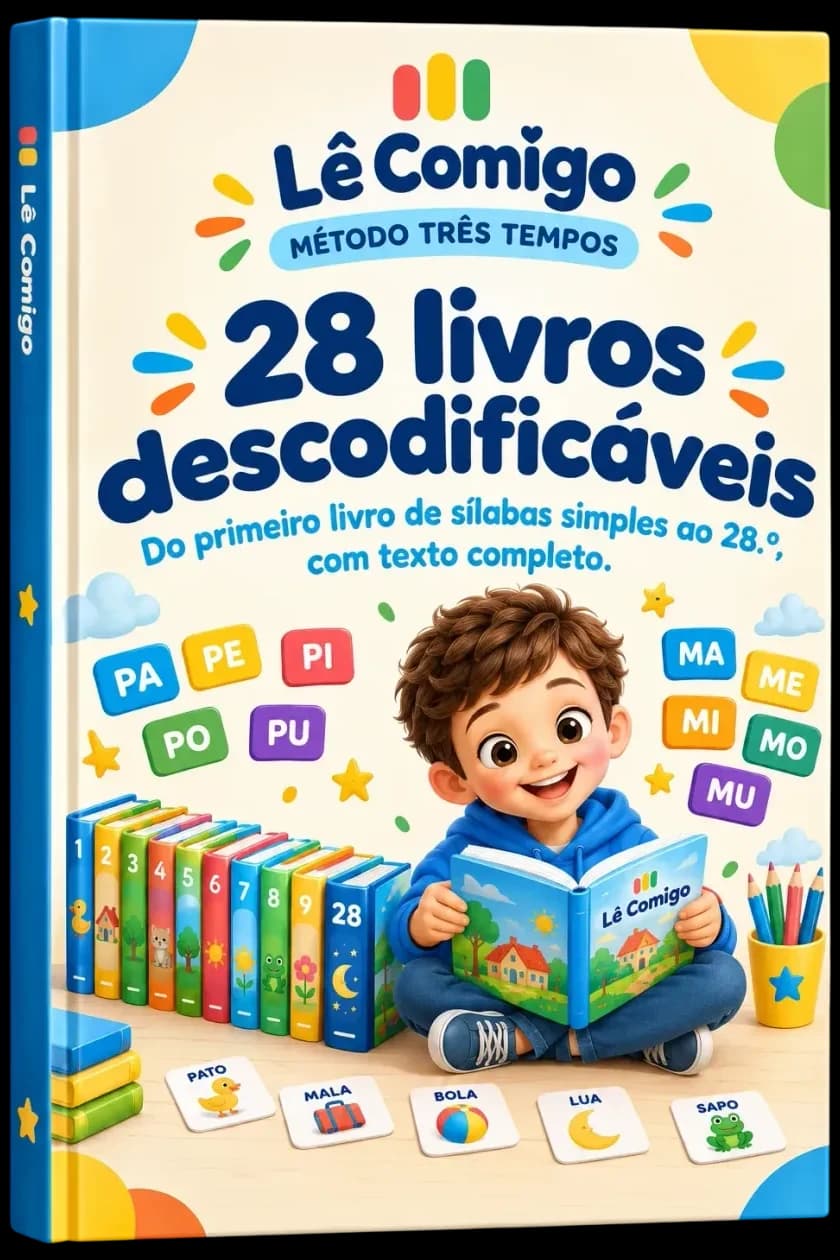 Capa do livro dos 28 livros descodificáveis, com uma criança a ler e a coleção ao lado
