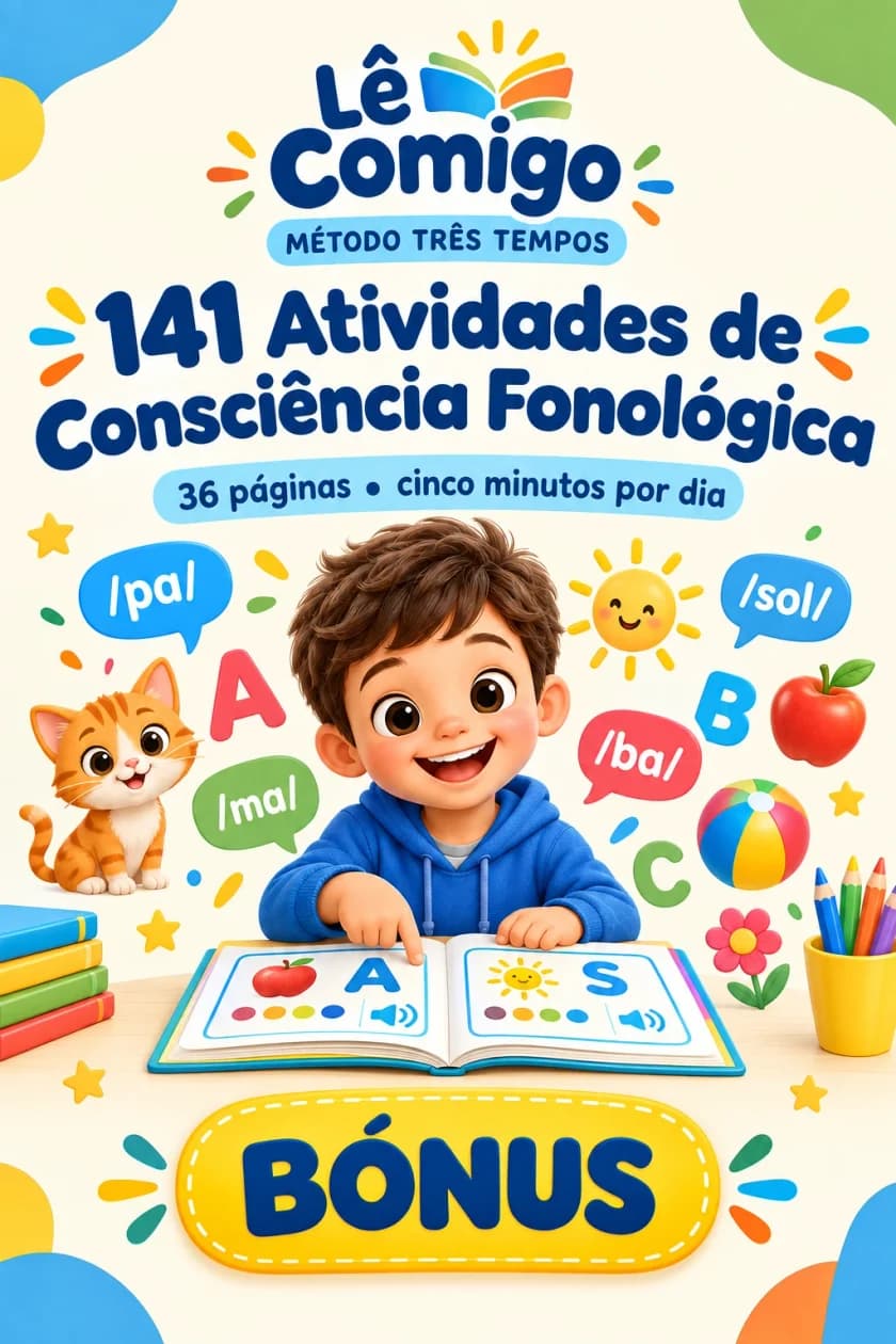 Capa das 141 Atividades de Consciência Fonológica, com uma criança a apontar para um livro