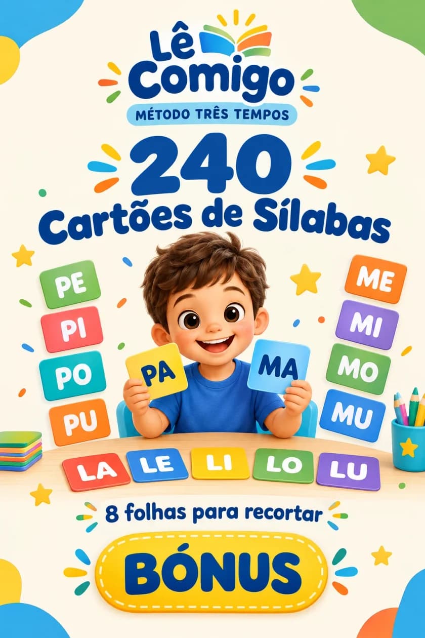 Capa dos 240 Cartões de Sílabas, com um menino a mostrar os cartões PA e MA